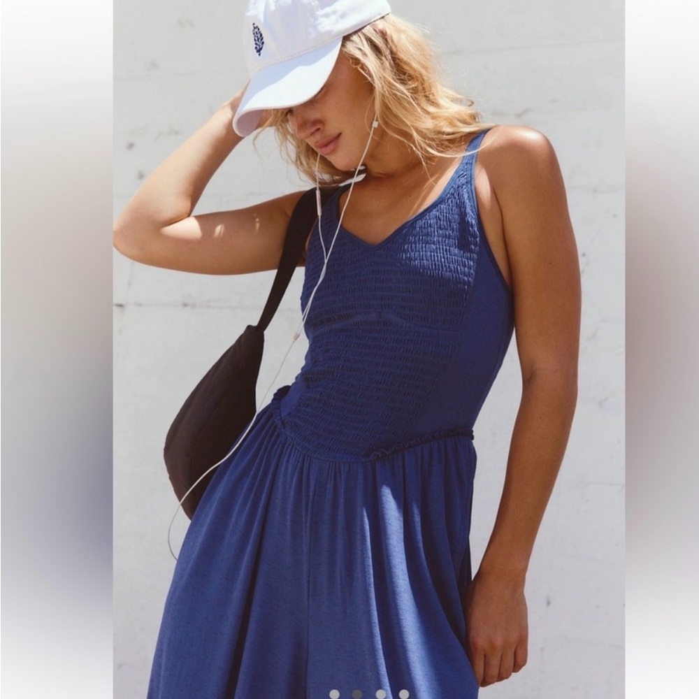 Free People Movement Smockin' Hot Wide Leg Onesie Sz- XS in Blue Indigo
